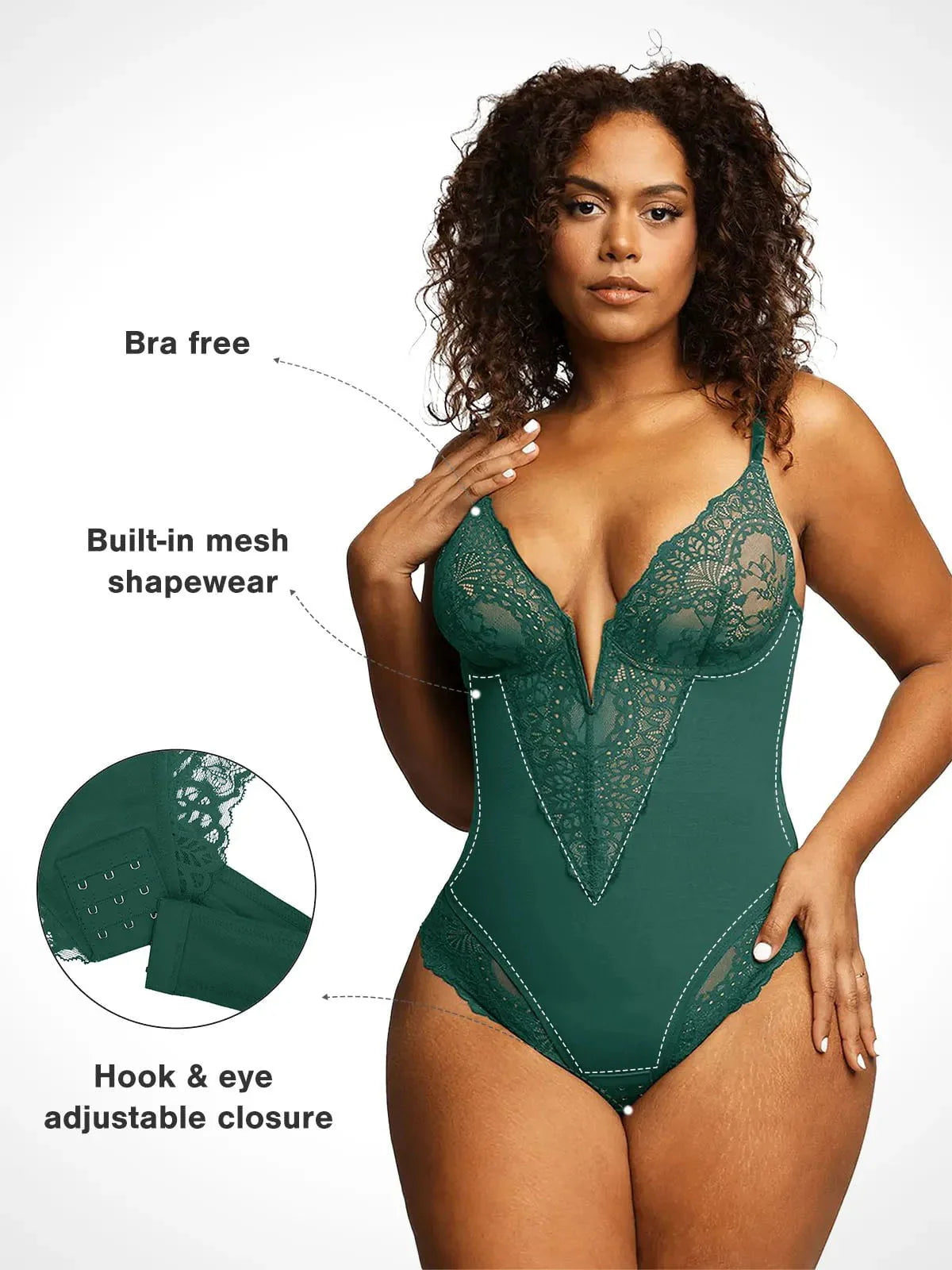 Shapewear Dantel Derin V Yaka Şekillendirici Tanga Bodysuit