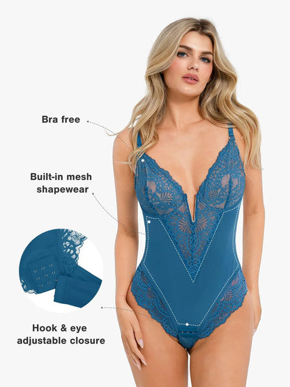 Shapewear Dantel Derin V Yaka Şekillendirici Tanga Bodysuit