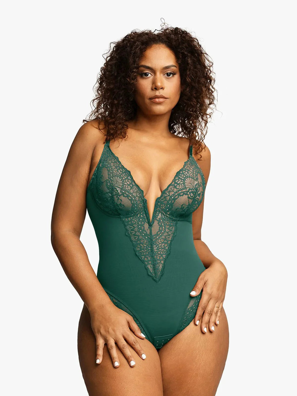 Shapewear Dantel Derin V Yaka Şekillendirici Tanga Bodysuit