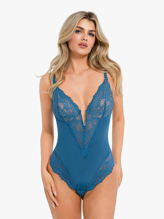 Shapewear Dantel Derin V Yaka Şekillendirici Tanga Bodysuit