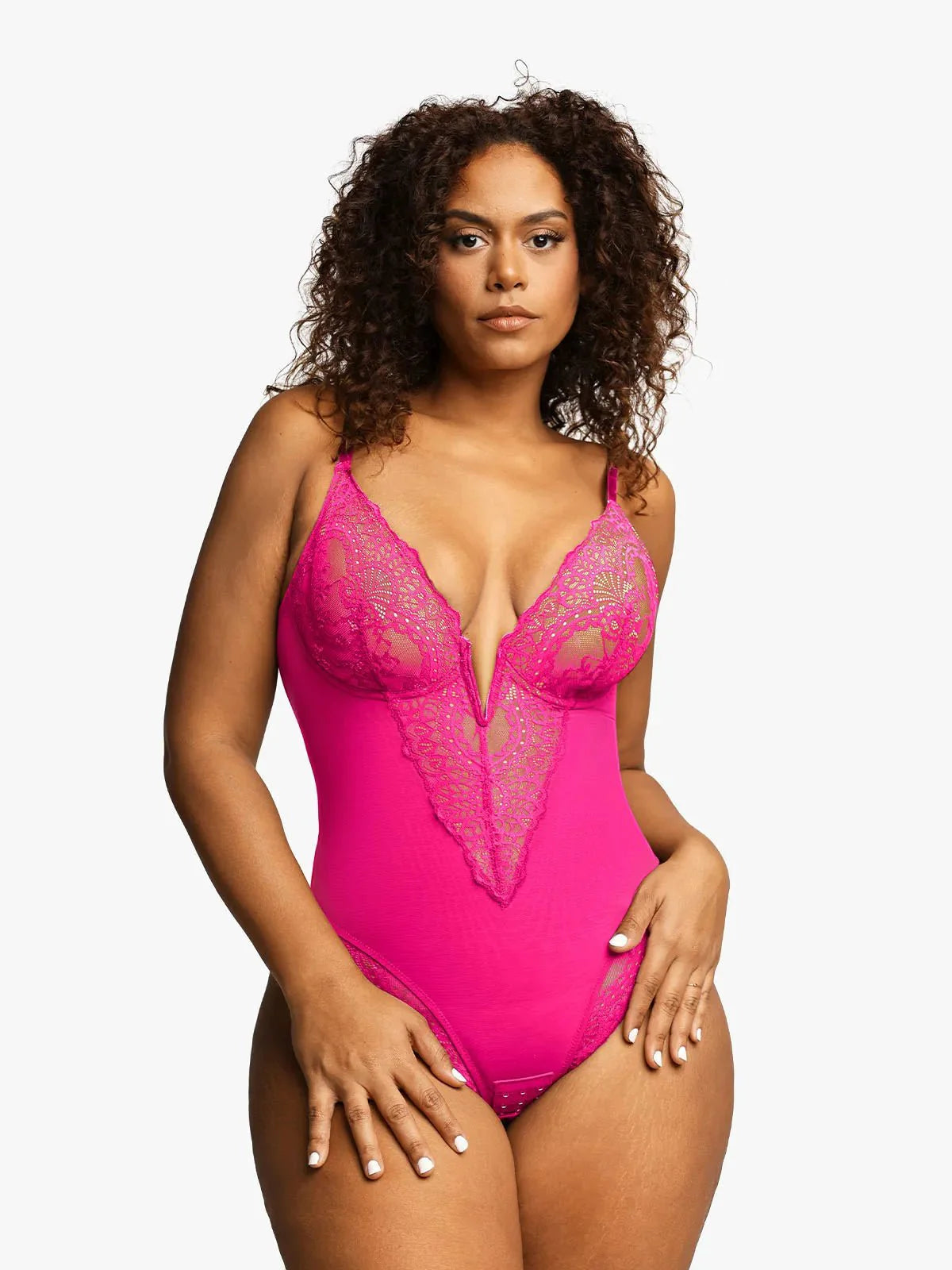 Shapewear Dantel Derin V Yaka Şekillendirici Tanga Bodysuit