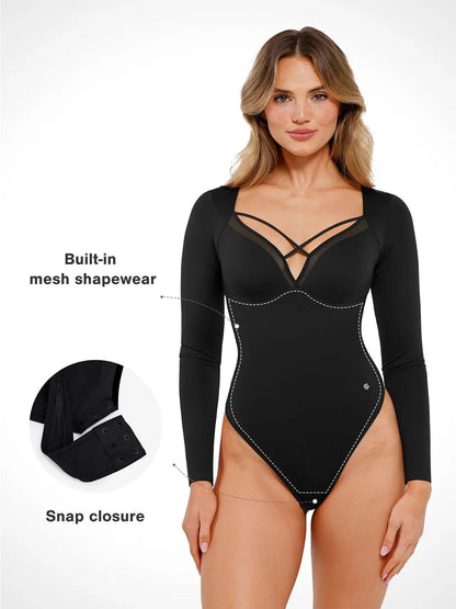 Shapewear Uzun Kollu File İçli Karın Kontrol Bodysuit