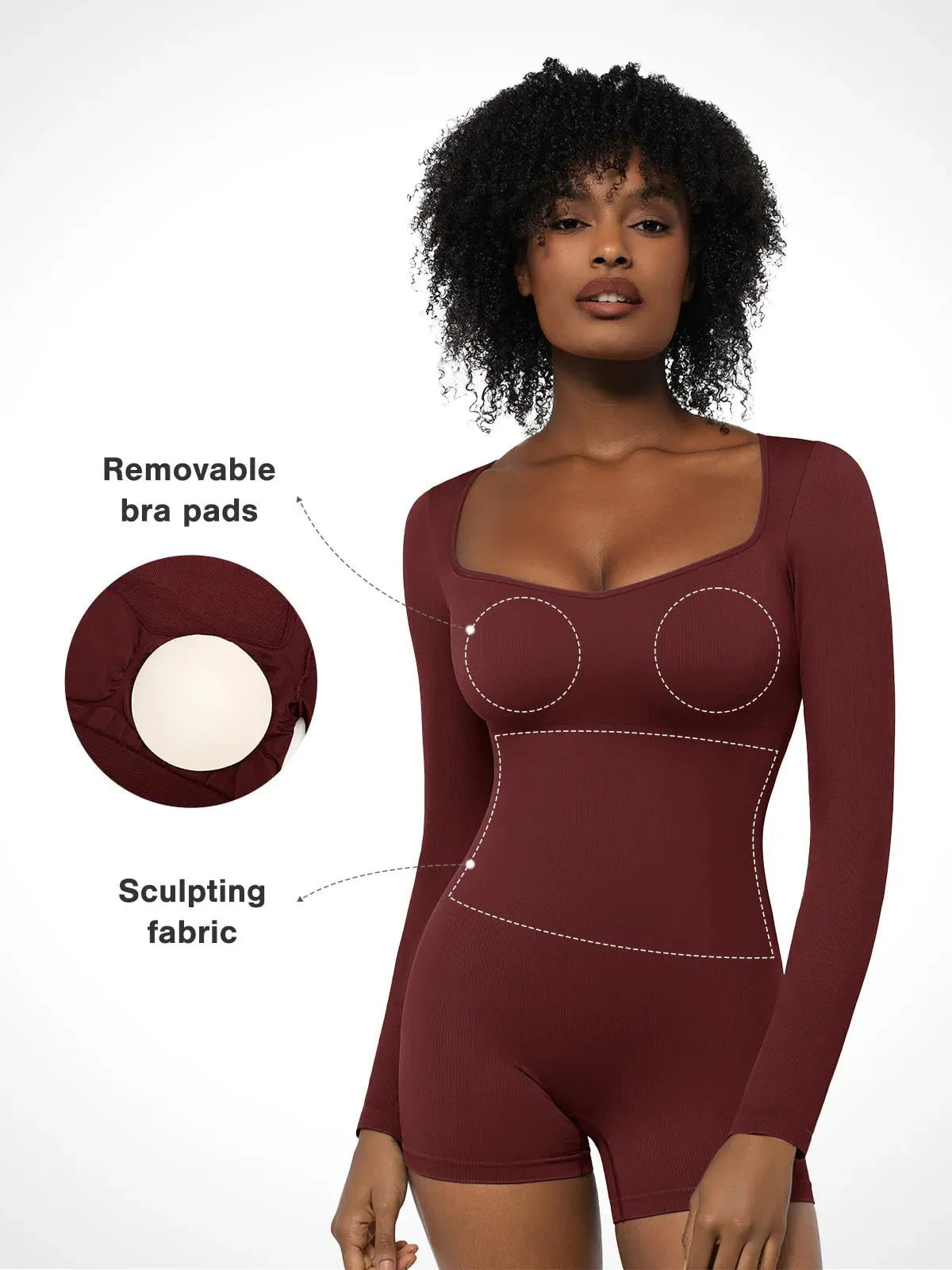 Shapewear Uzun Kollu Kalp Yaka Karın Kontrol Tulum