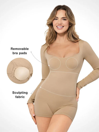 Shapewear Uzun Kollu Kalp Yaka Karın Kontrol Tulum