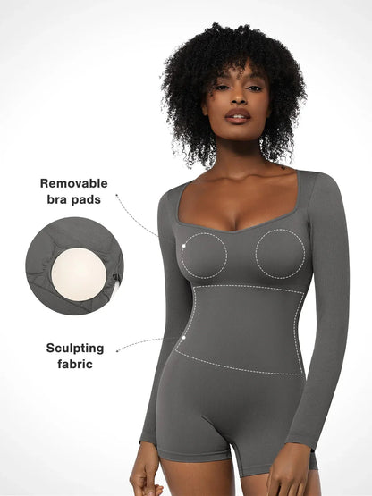 Shapewear Uzun Kollu Kalp Yaka Karın Kontrol Tulum