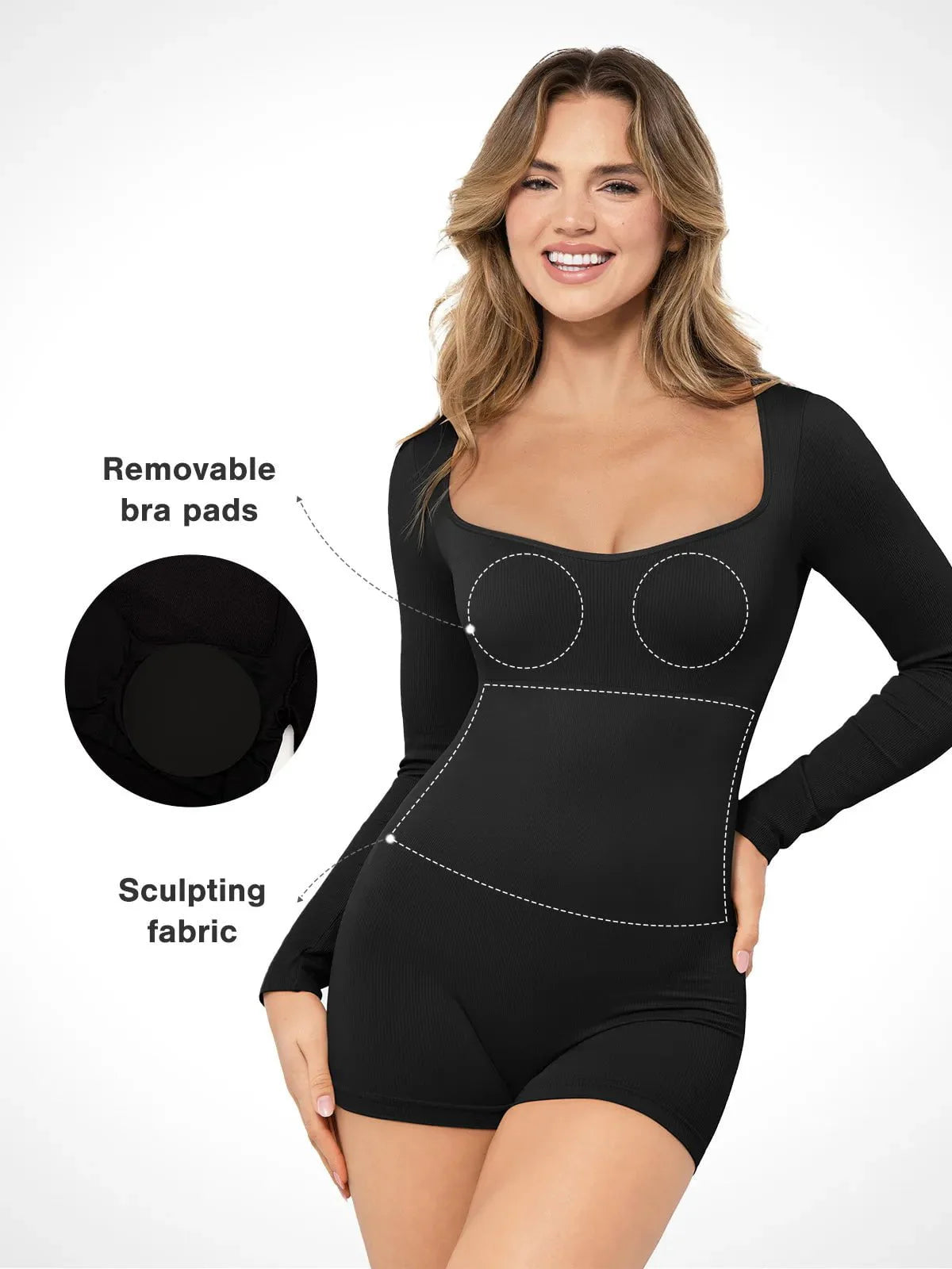 Shapewear Uzun Kollu Kalp Yaka Karın Kontrol Tulum