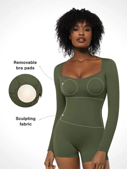 Shapewear Uzun Kollu Kalp Yaka Karın Kontrol Tulum