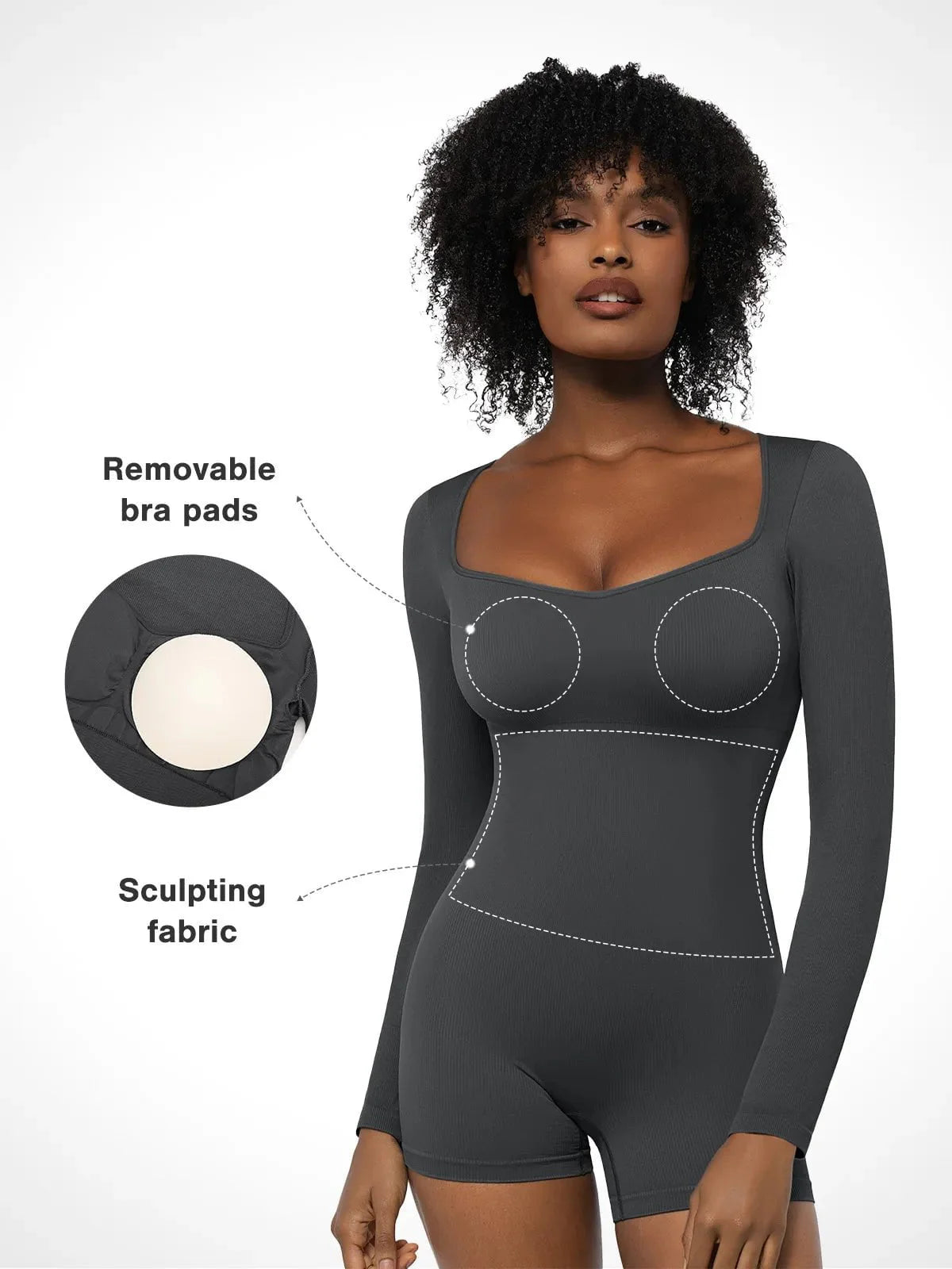 Shapewear Uzun Kollu Kalp Yaka Karın Kontrol Tulum