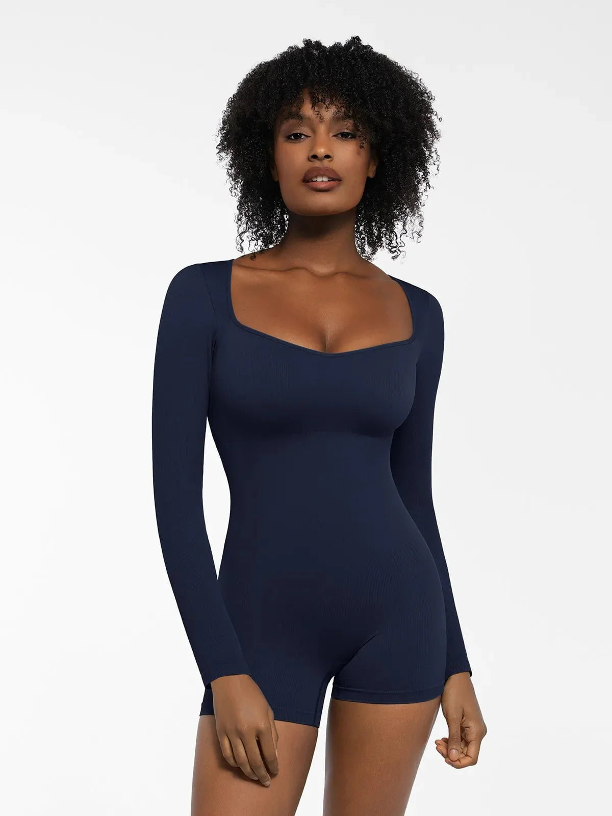 Shapewear Uzun Kollu Kalp Yaka Karın Kontrol Tulum