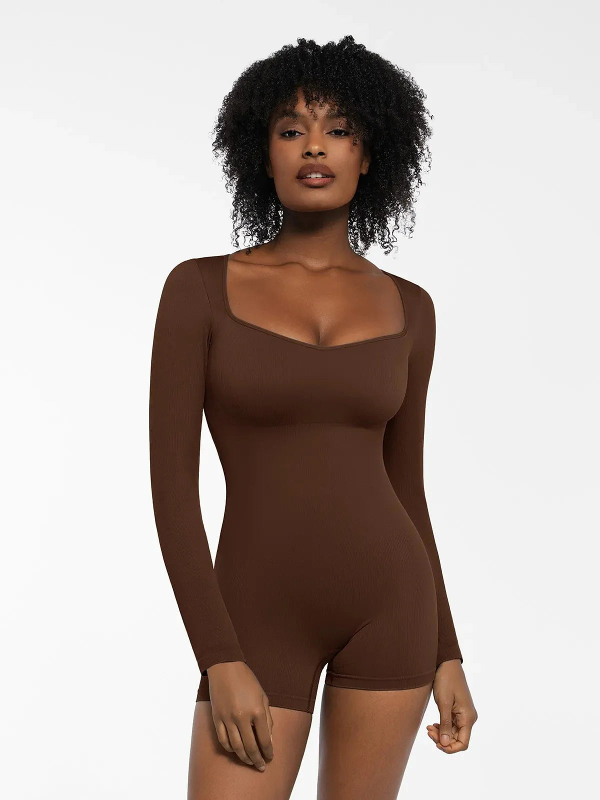 Shapewear Uzun Kollu Kalp Yaka Karın Kontrol Tulum