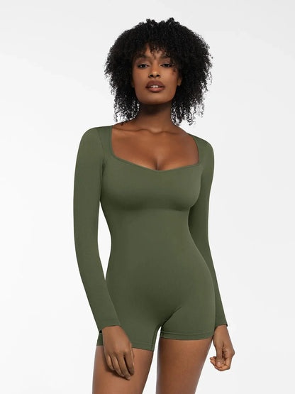 Shapewear Uzun Kollu Kalp Yaka Karın Kontrol Tulum