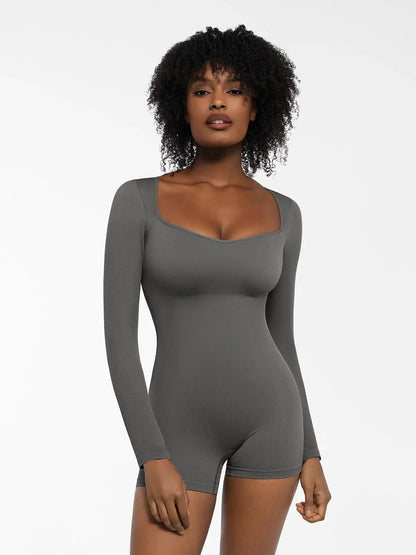 Shapewear Uzun Kollu Kalp Yaka Karın Kontrol Tulum