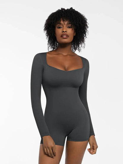 Shapewear Uzun Kollu Kalp Yaka Karın Kontrol Tulum