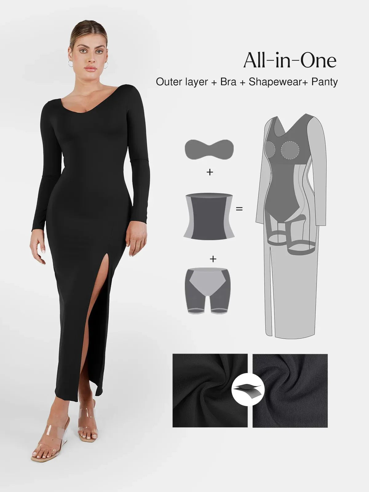 Shapewear Uzun Kollu V Yaka Düşük Sırt İnceltici Maxi Elbise