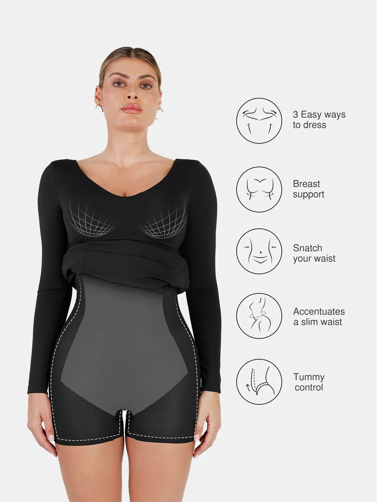 Shapewear Uzun Kollu V Yaka Düşük Sırt İnceltici Maxi Elbise