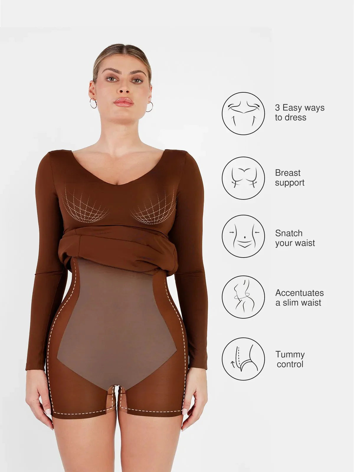 Shapewear Uzun Kollu V Yaka Düşük Sırt İnceltici Maxi Elbise