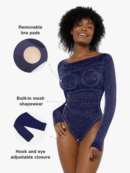 Shapewear Metalik Örgü Uzun Kollu İnceltici Bodysuit