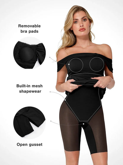 Shapewear Omuzları Açık İnce Maksi Elbise