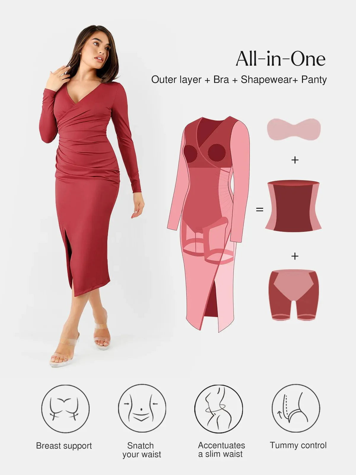 Shapewear Dantelli Uzun Kollu Faux Wrap İnceltici Midi Elbise