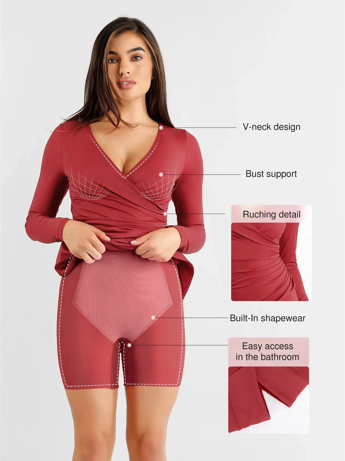 Shapewear Dantelli Uzun Kollu Faux Wrap İnceltici Midi Elbise