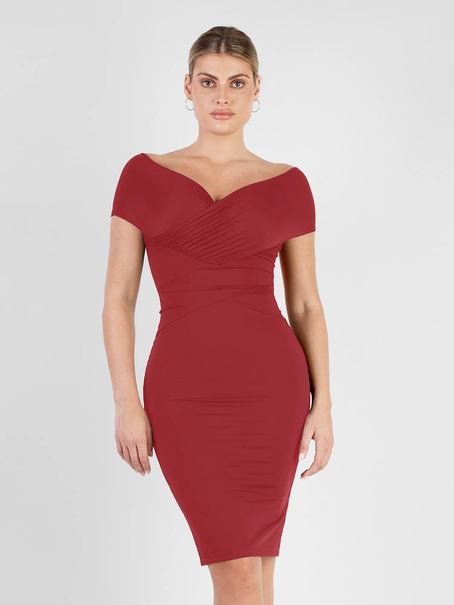 Shapewear Dantelli Omuz Açık Şekillendirici Midi Elbise