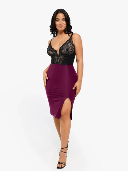 Shapewear Şekillendirici Suni Deri Önden Yırtmaçlı Midi Etek