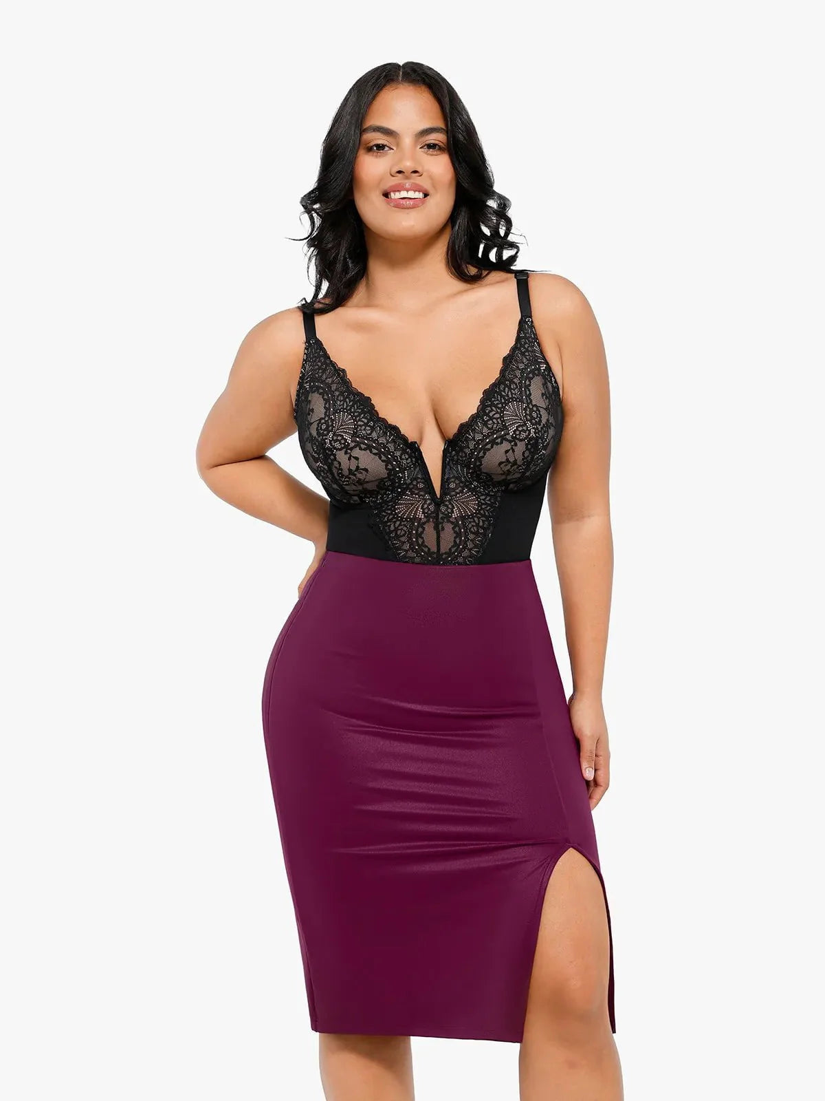 Shapewear Şekillendirici Suni Deri Önden Yırtmaçlı Midi Etek