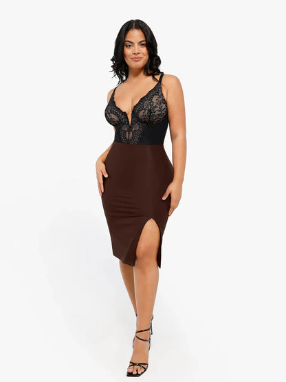 Shapewear Uzun Kollu Şekillendirici Bodysuit Deri Midi Etek Takım