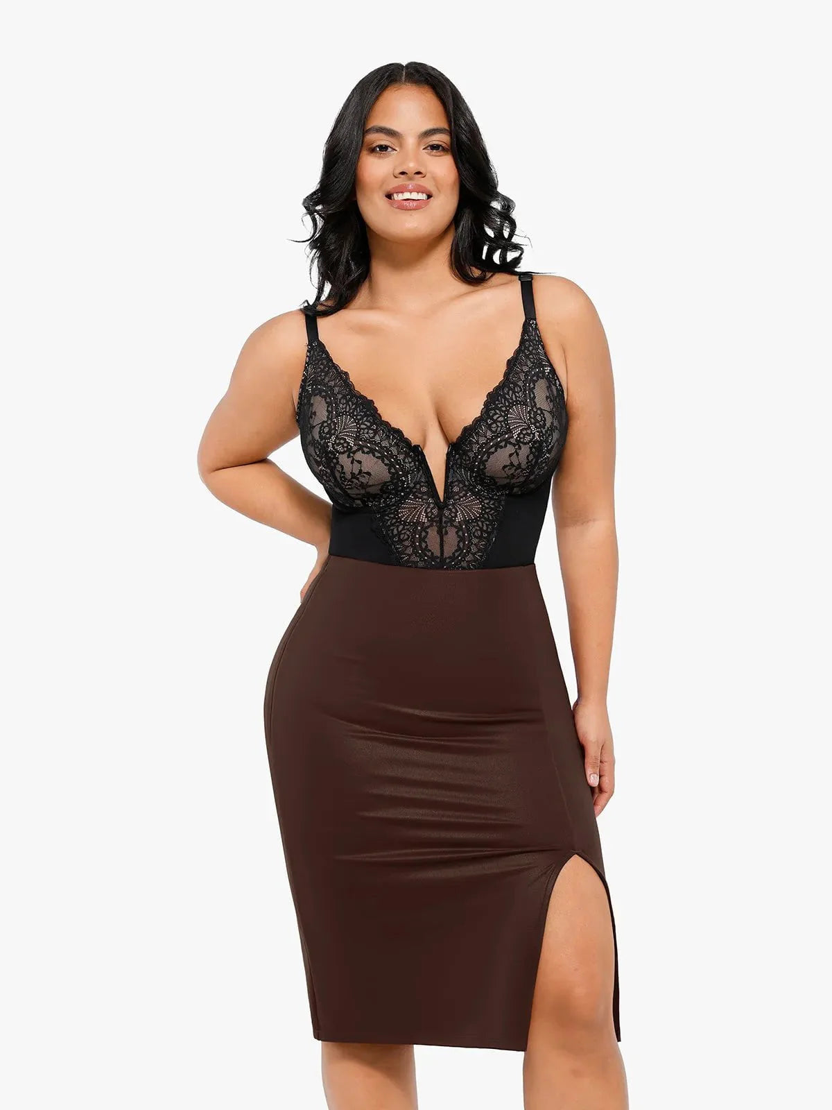 Shapewear Uzun Kollu Şekillendirici Bodysuit Deri Midi Etek Takım