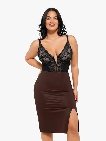 Shapewear Dantel Derin V Yaka Bodysuits veya Suni Deri Etekler