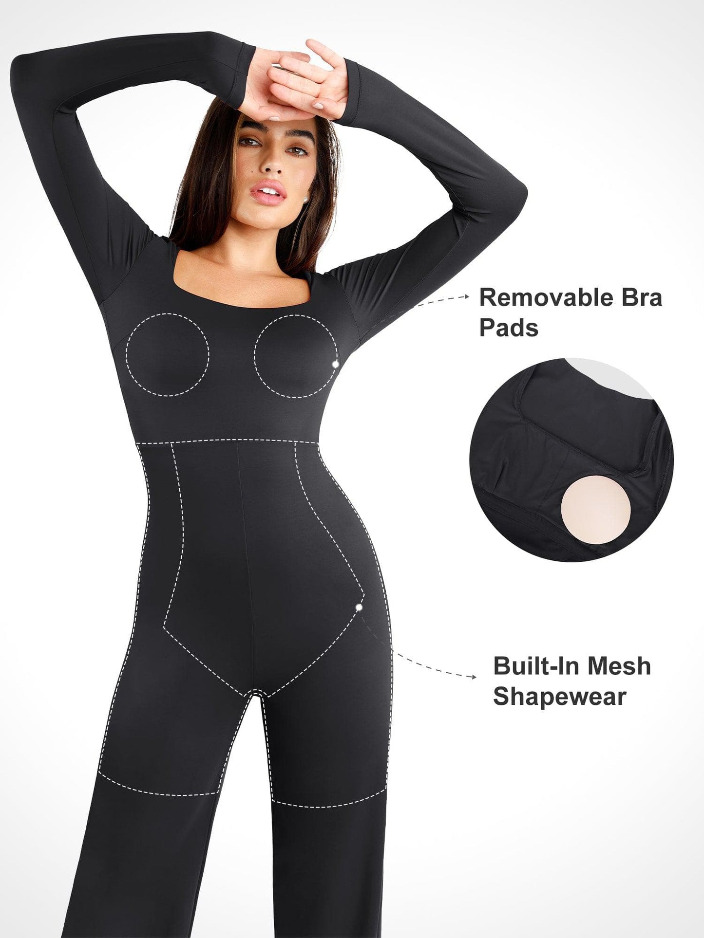 Shapewear Uzun Kollu Kare Yaka İnceltici Geniş Paça Tulum