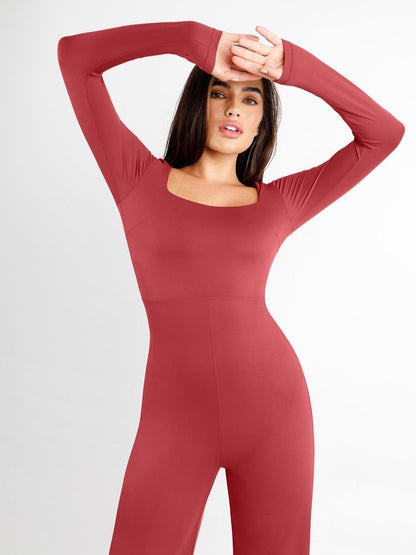 Shapewear Uzun Kollu Kare Yaka İnceltici Geniş Paça Tulum