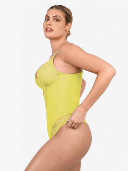 Shapewear Dantel Derin V Yaka Şekillendirici Tanga Bodysuit