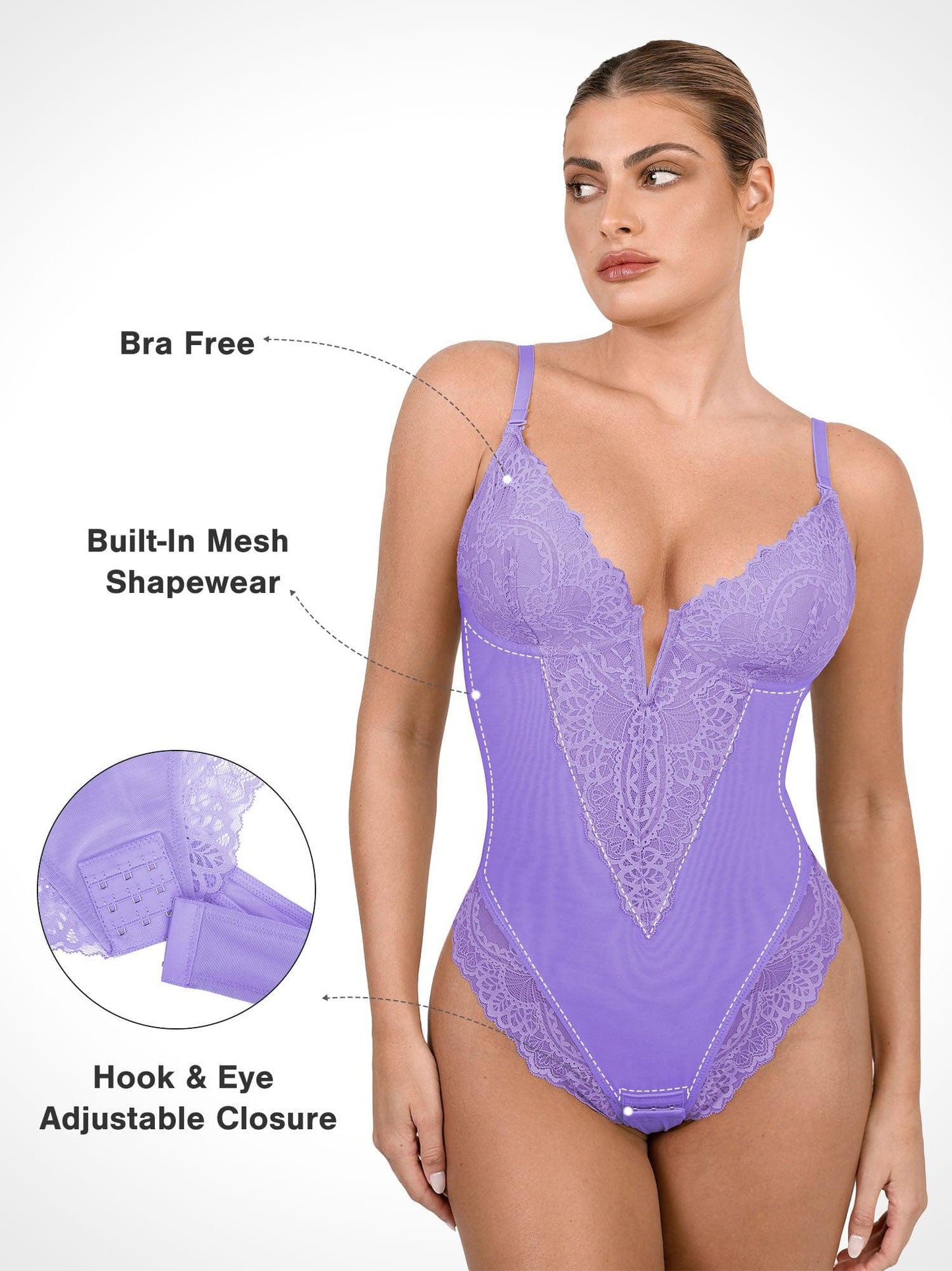 Shapewear Dantel Derin V Yaka Şekillendirici Tanga Bodysuit