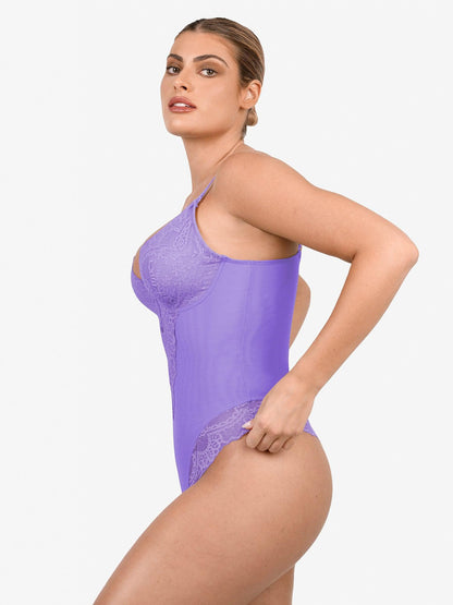 Shapewear Dantel Derin V Yaka Şekillendirici Tanga Bodysuit