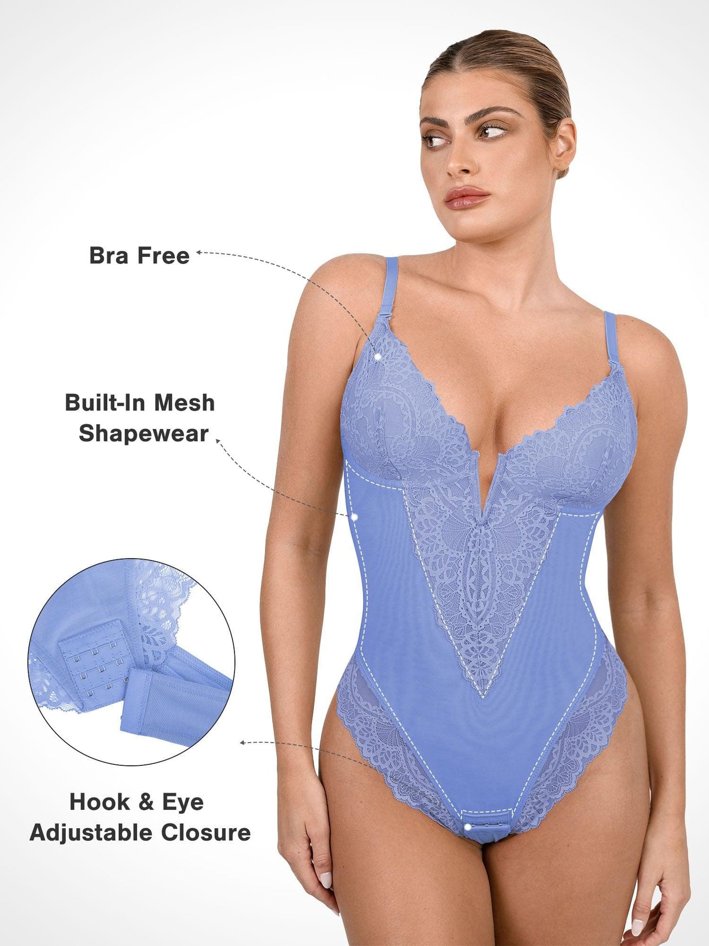 Shapewear Dantel Derin V Yaka Şekillendirici Tanga Bodysuit