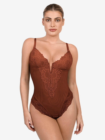 Shapewear Dantel Derin V Yaka Şekillendirici Tanga Bodysuit