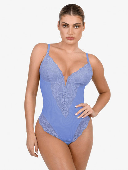 Shapewear Dantel Derin V Yaka Şekillendirici Tanga Bodysuit