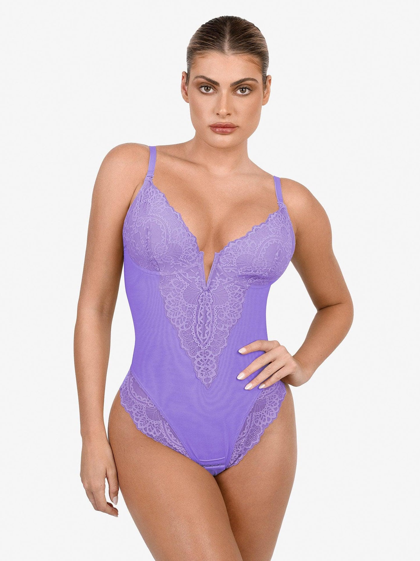 Shapewear Dantel Derin V Yaka Şekillendirici Tanga Bodysuit