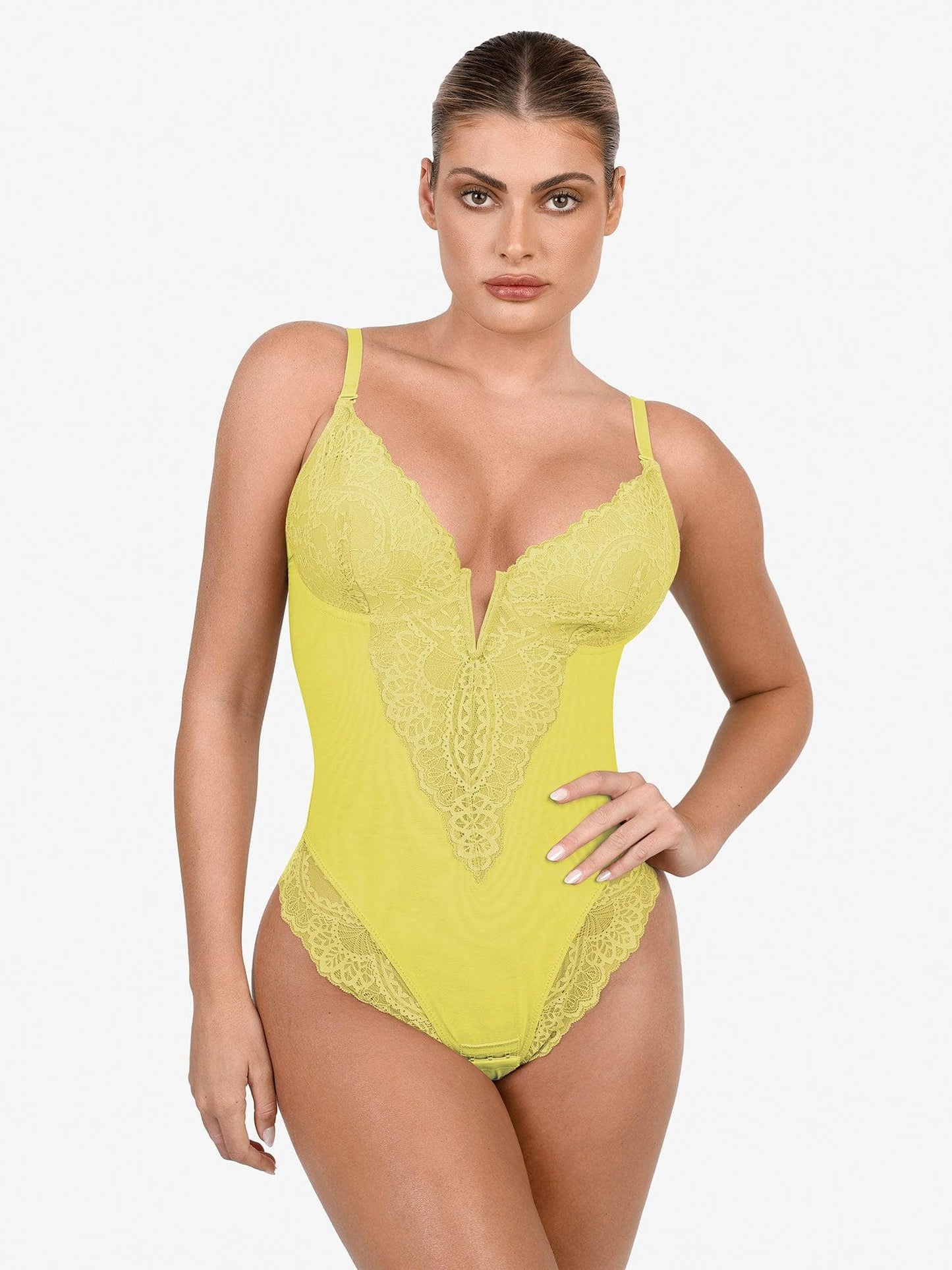 Shapewear Dantel Derin V Yaka Şekillendirici Tanga Bodysuit