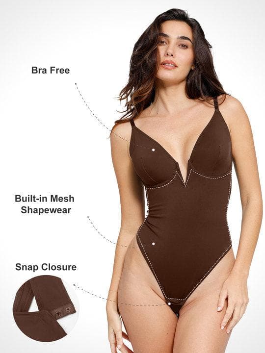 Shapewear Derin V Yaka Düşük Sırt Şekillendirici Tanga Bodysuit