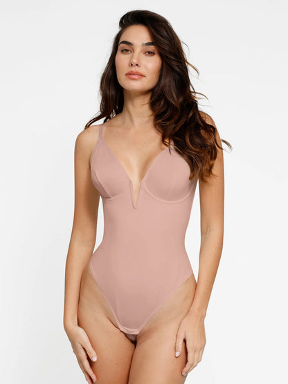 Shapewear Derin V Yaka Düşük Sırt Şekillendirici Tanga Bodysuit