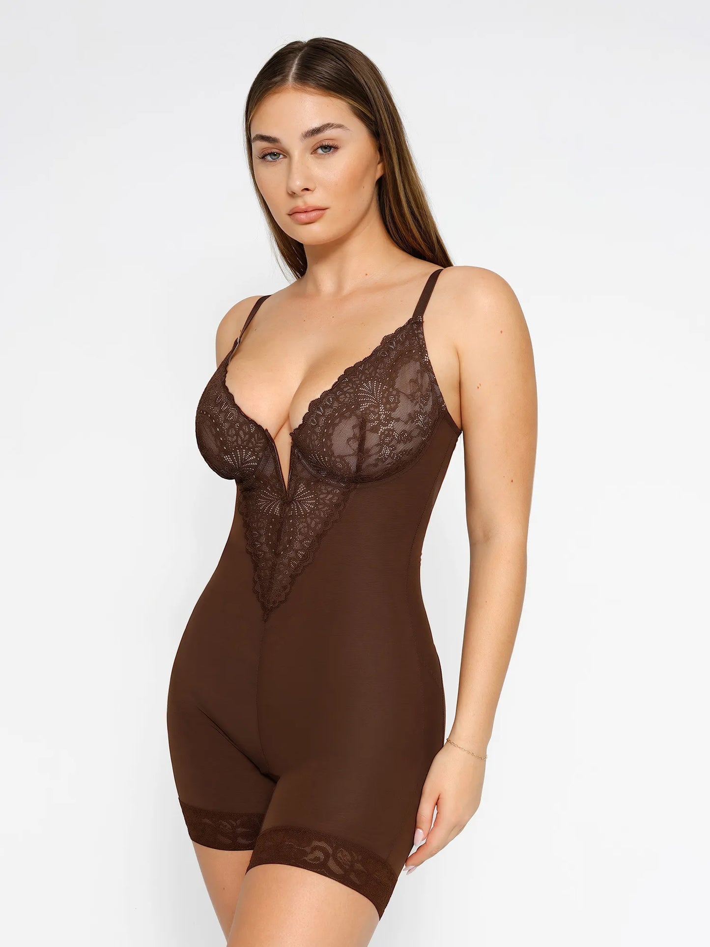 Shapewear Dantel Derin V Yaka Şekillendirici Diz Üstü Bodysuit