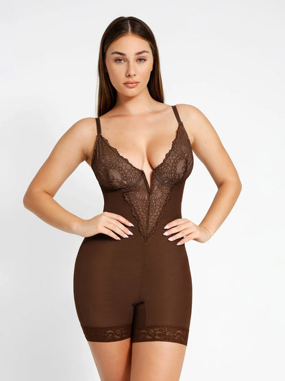 Shapewear Dantel Derin V Yaka Şekillendirici Diz Üstü Bodysuit