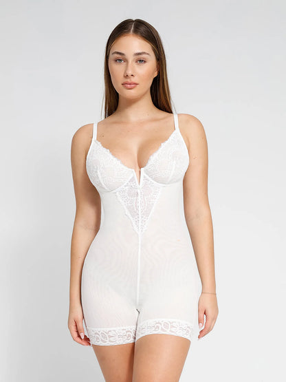 Shapewear Dantel Derin V Yaka Şekillendirici Diz Üstü Bodysuit