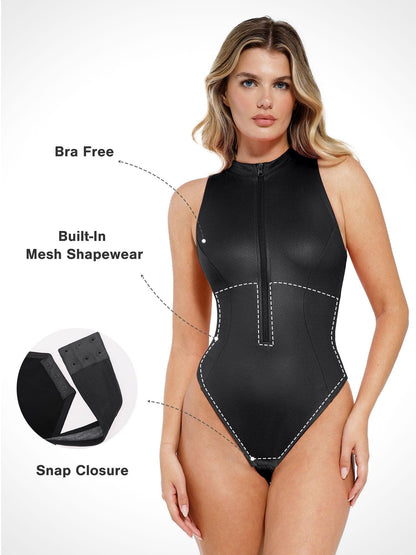 Shapewear Takma Yaka Deri Şekillendirici Bodysuit Etek Takım