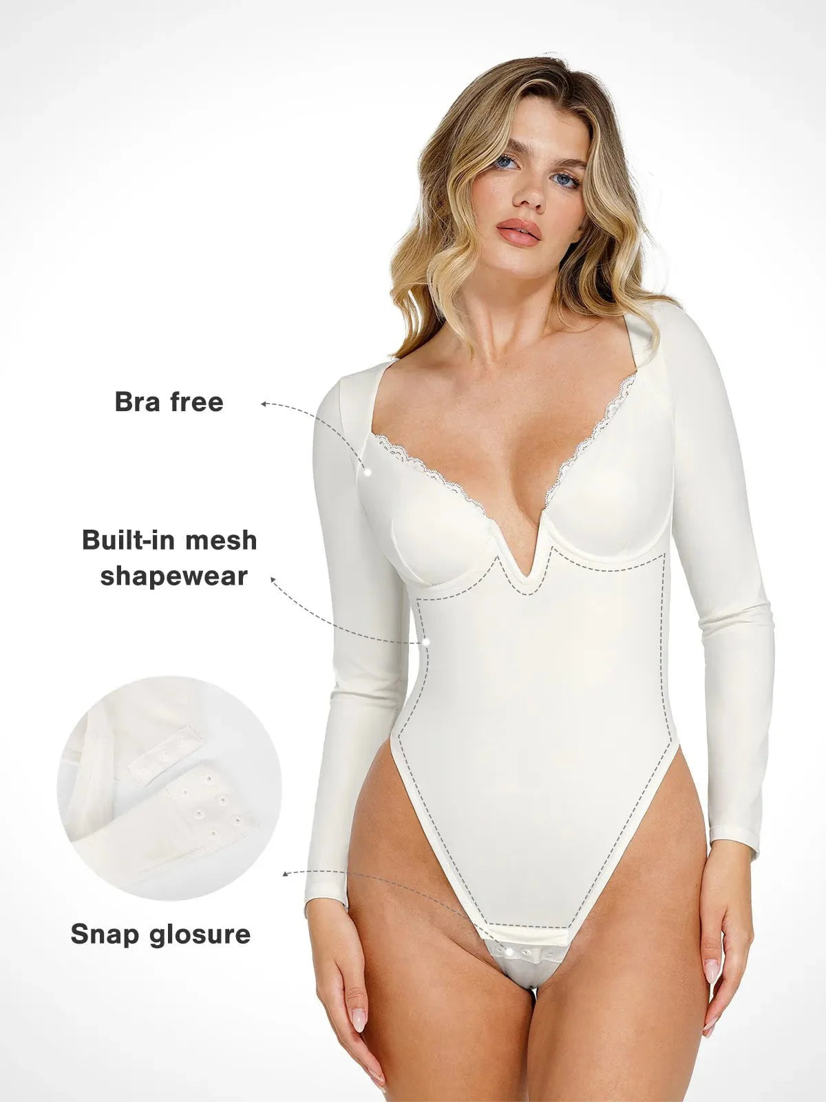 Shapewear Uzun Kollu Dantel Trim V Yaka İnceltici Bodysuit