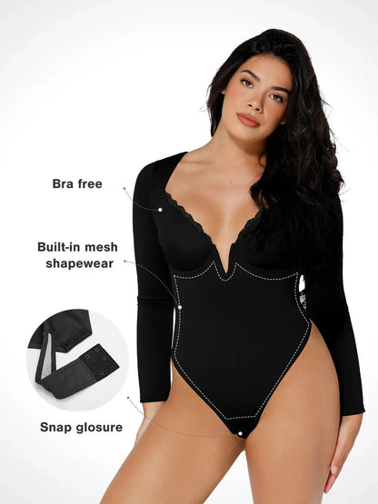 Shapewear Uzun Kollu Dantel Trim V Yaka İnceltici Bodysuit