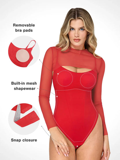 Shapewear Uzun Kollu Örgü Omuz Şekillendirici Bodysuit Set