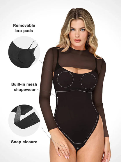 Shapewear Uzun Kollu Örgü Omuz Şekillendirici Bodysuit Set